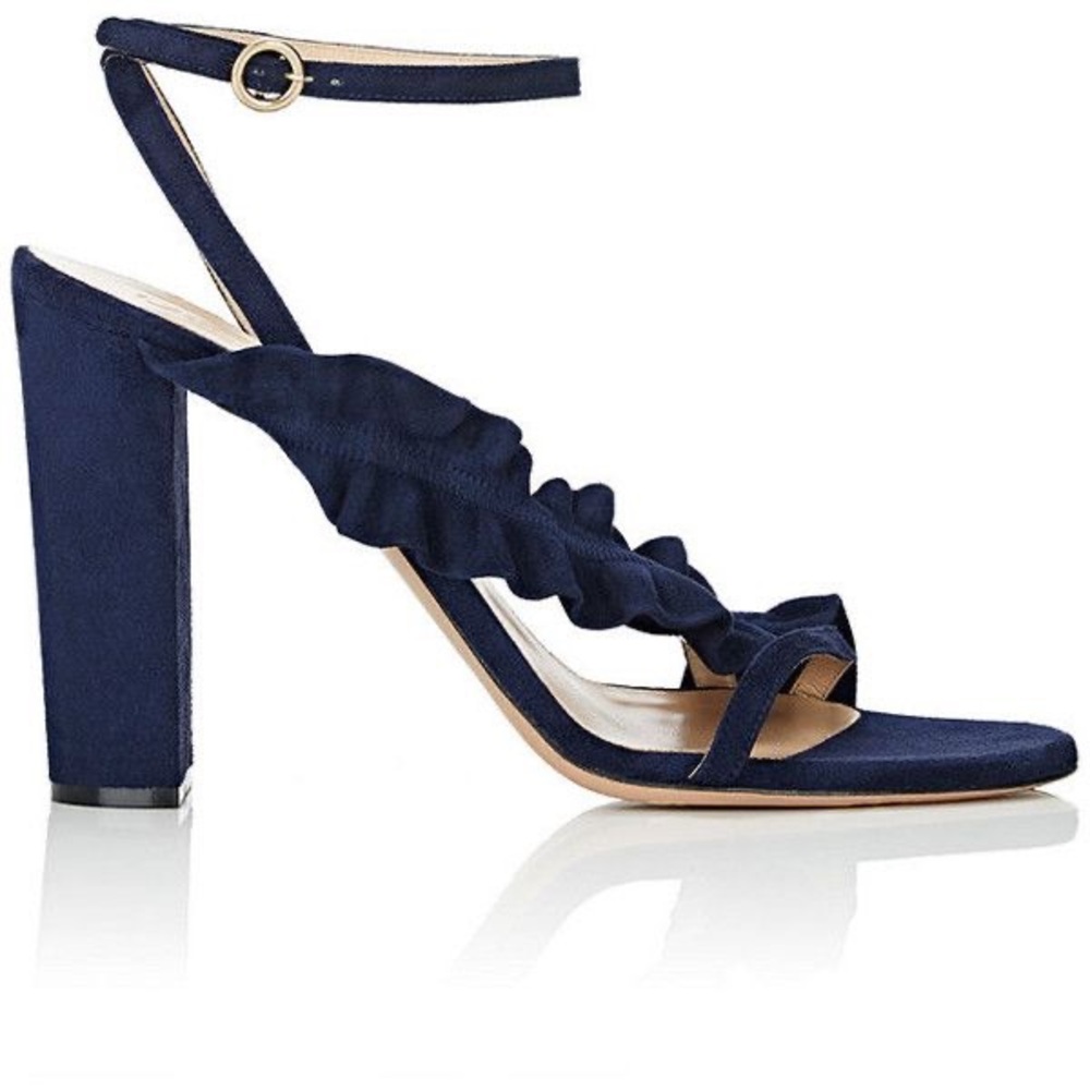 Chloé Suede Navy Ruffle Strappy Sandals with Block Heel, 39